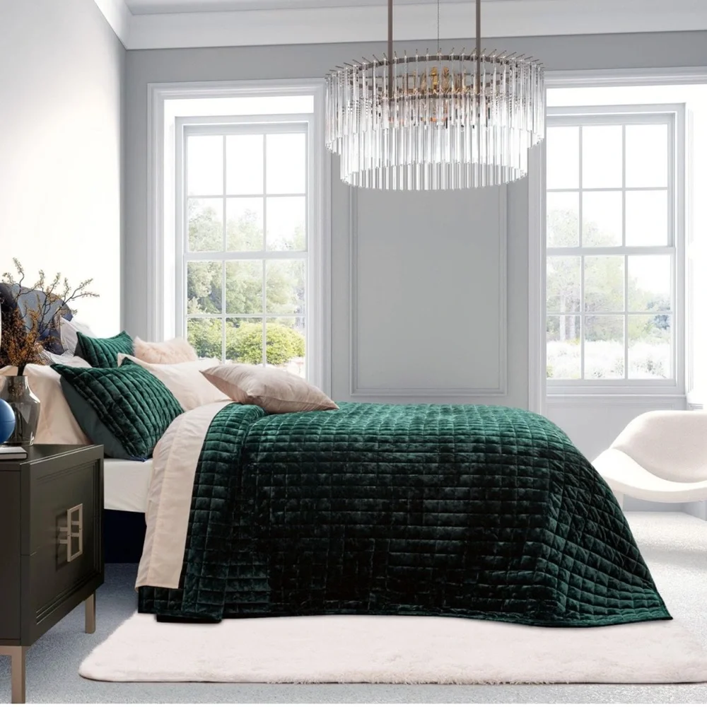 🆕 Green Velvet King SET Bedding Velour Luxury Soft Hotel Glam Emerald Jewel NWT